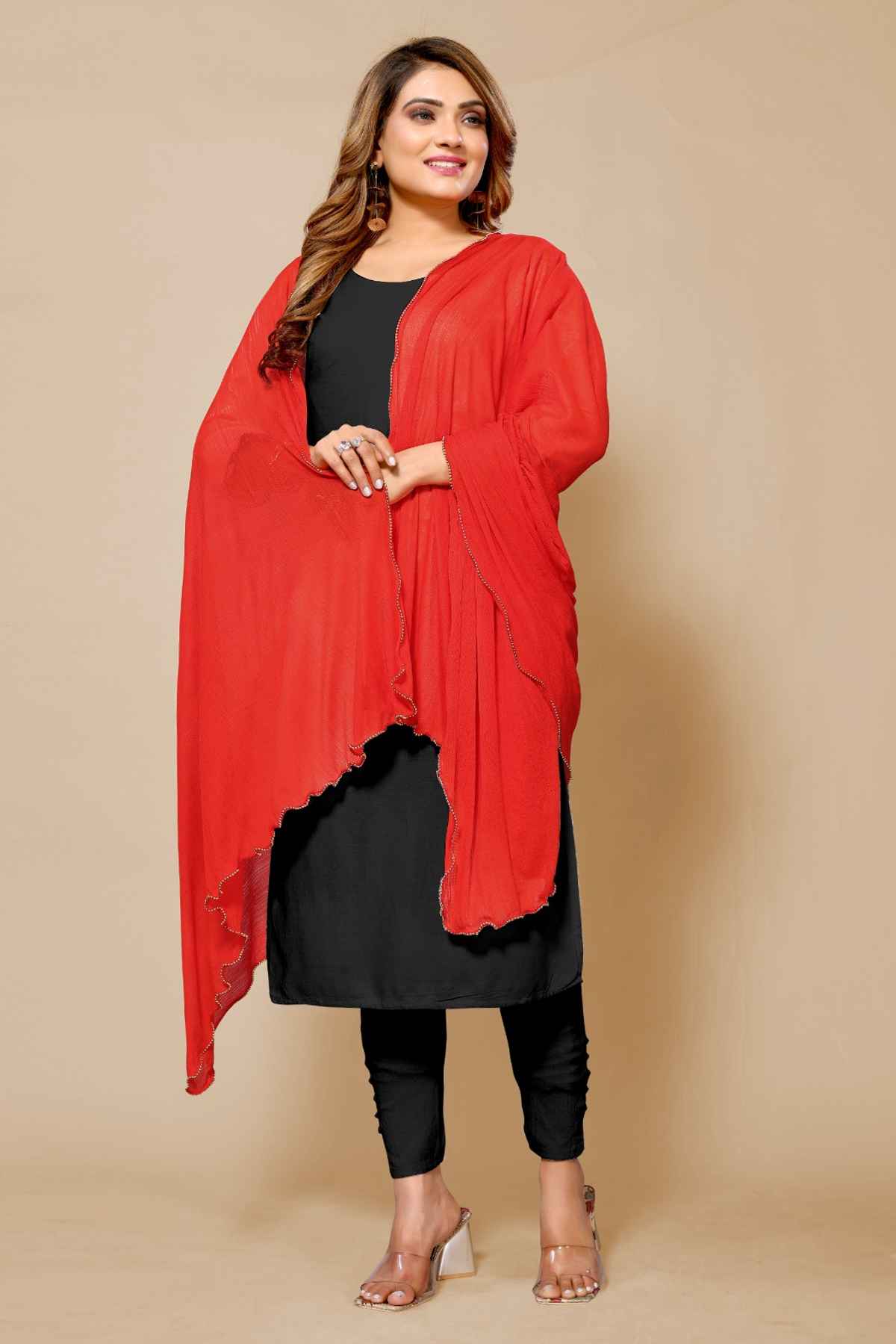Fabflick Women's Elegant Lycra Solid Dupatta with Moti Embellished Border | Red