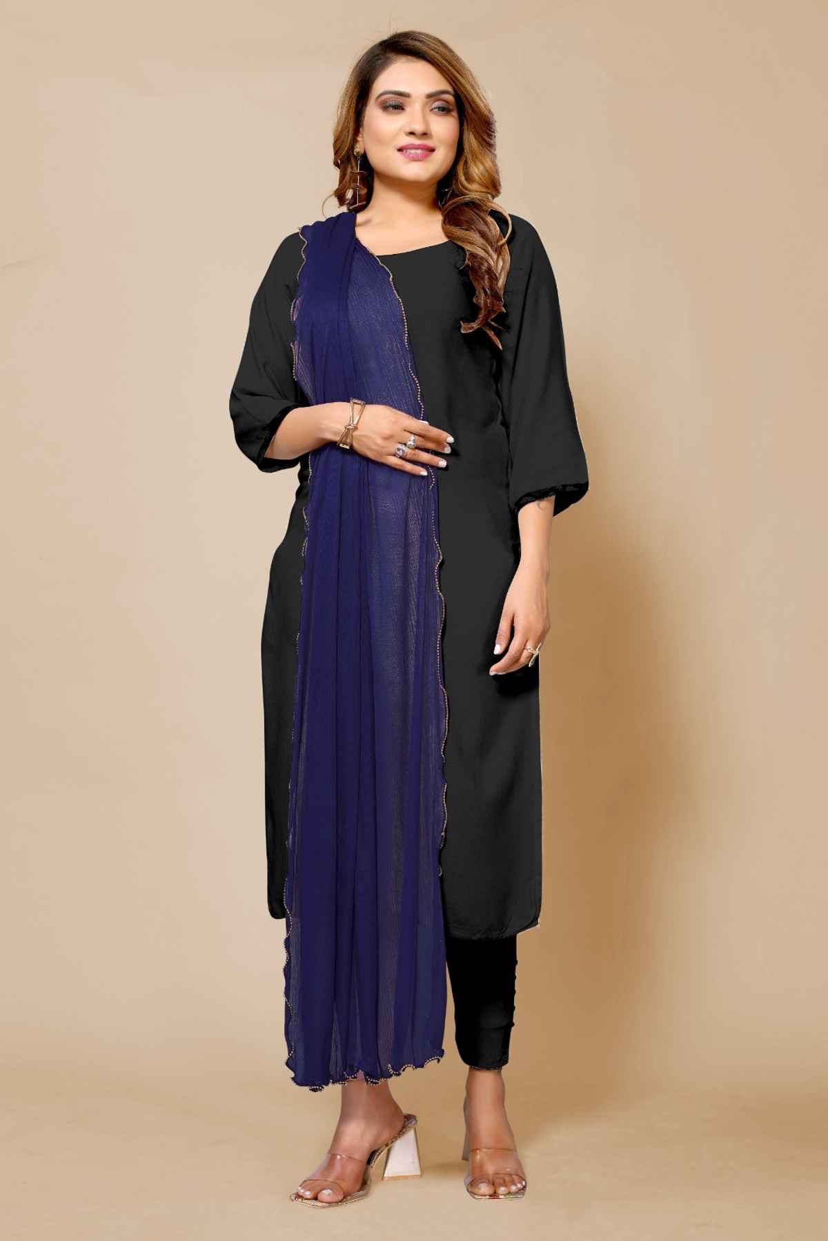 Fabflick Women's Elegant Lycra Solid Dupatta with Moti Embellished Border | Blue