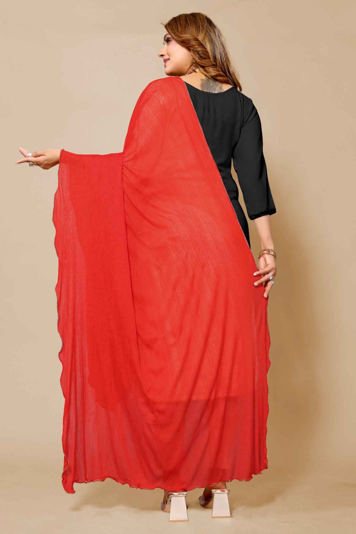 Fabflick Women's Elegant Lycra Solid Dupatta with Moti Embellished Border | Red