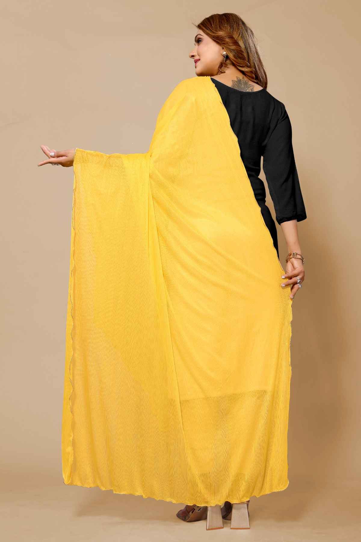 Fabflick Women's Elegant Lycra Solid Dupatta with Moti Embellished Border | Yellow