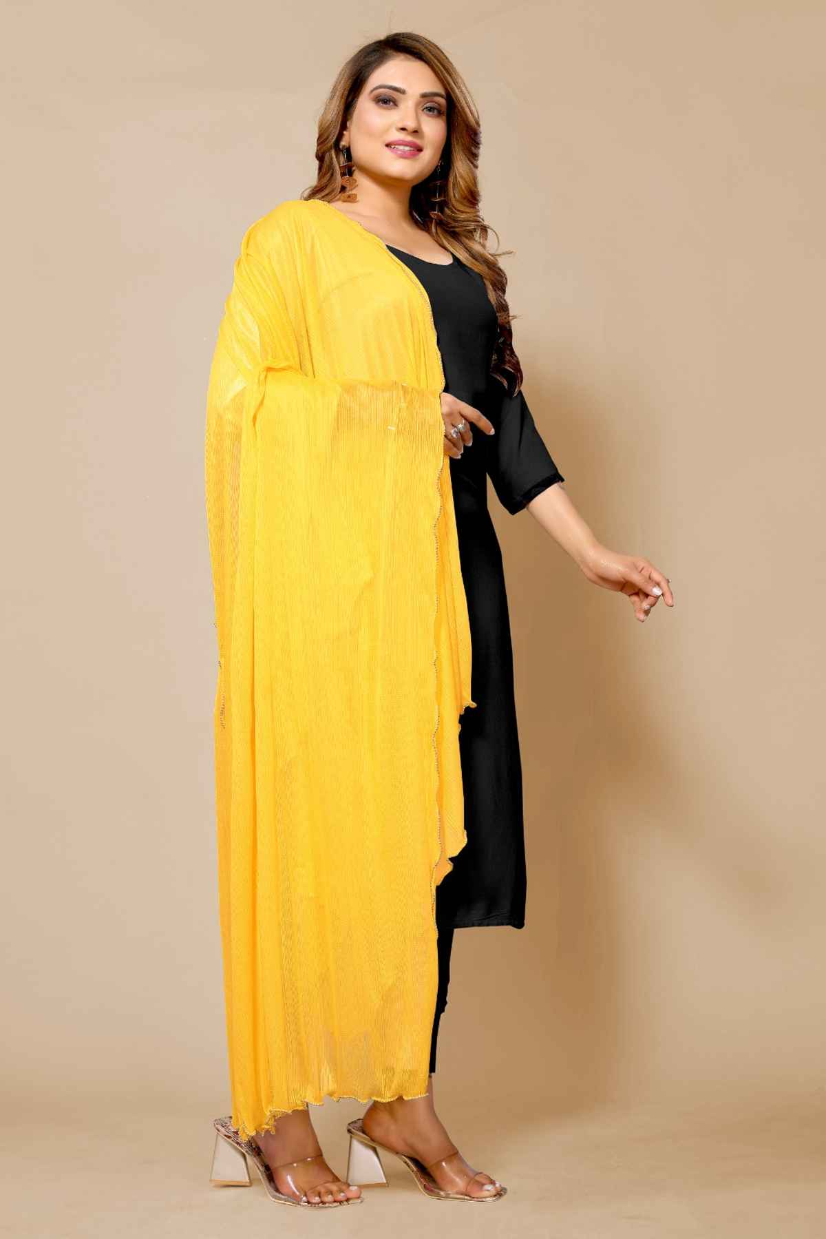 Fabflick Women's Elegant Lycra Solid Dupatta with Moti Embellished Border | Yellow