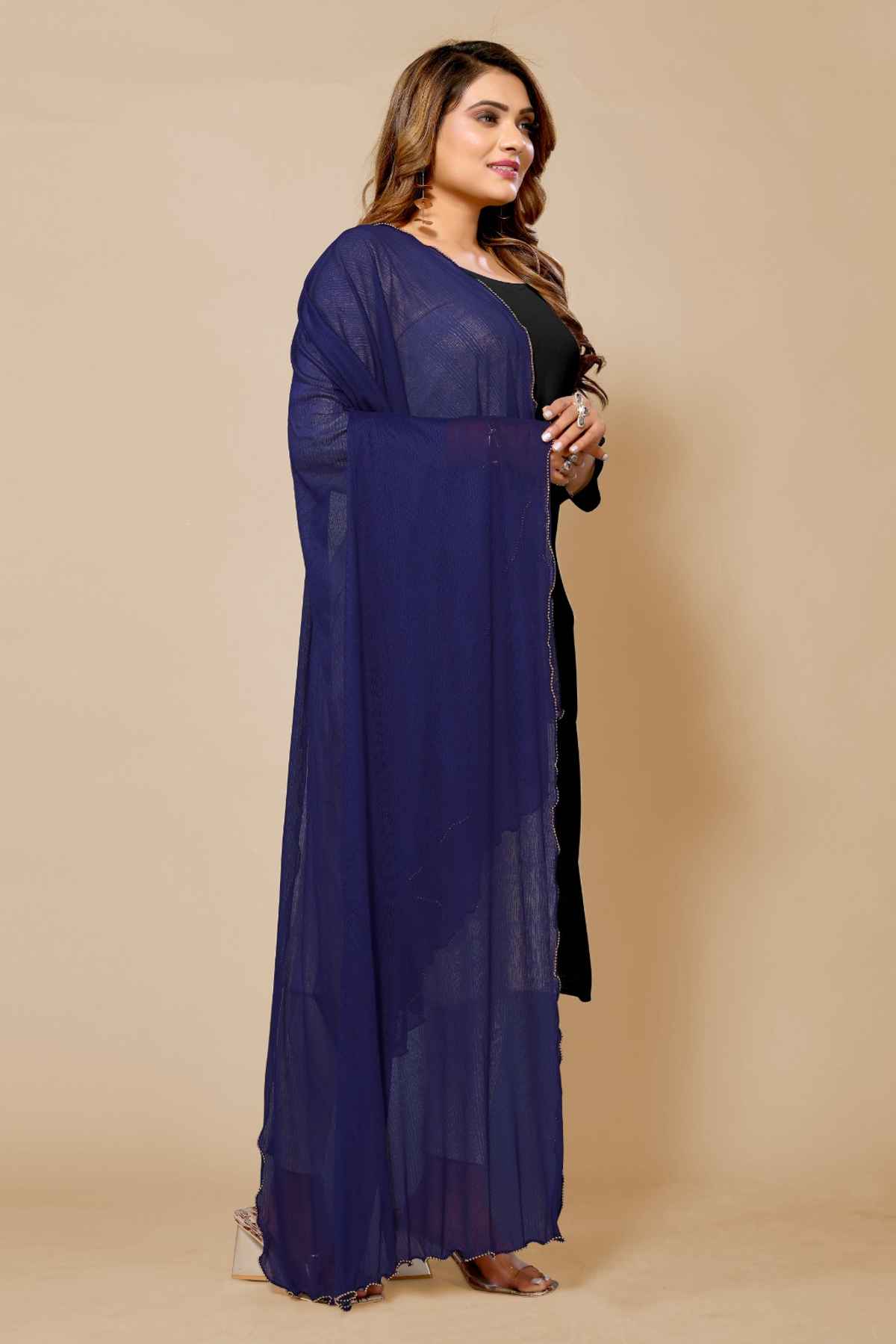 Fabflick Women's Elegant Lycra Solid Dupatta with Moti Embellished Border | Blue