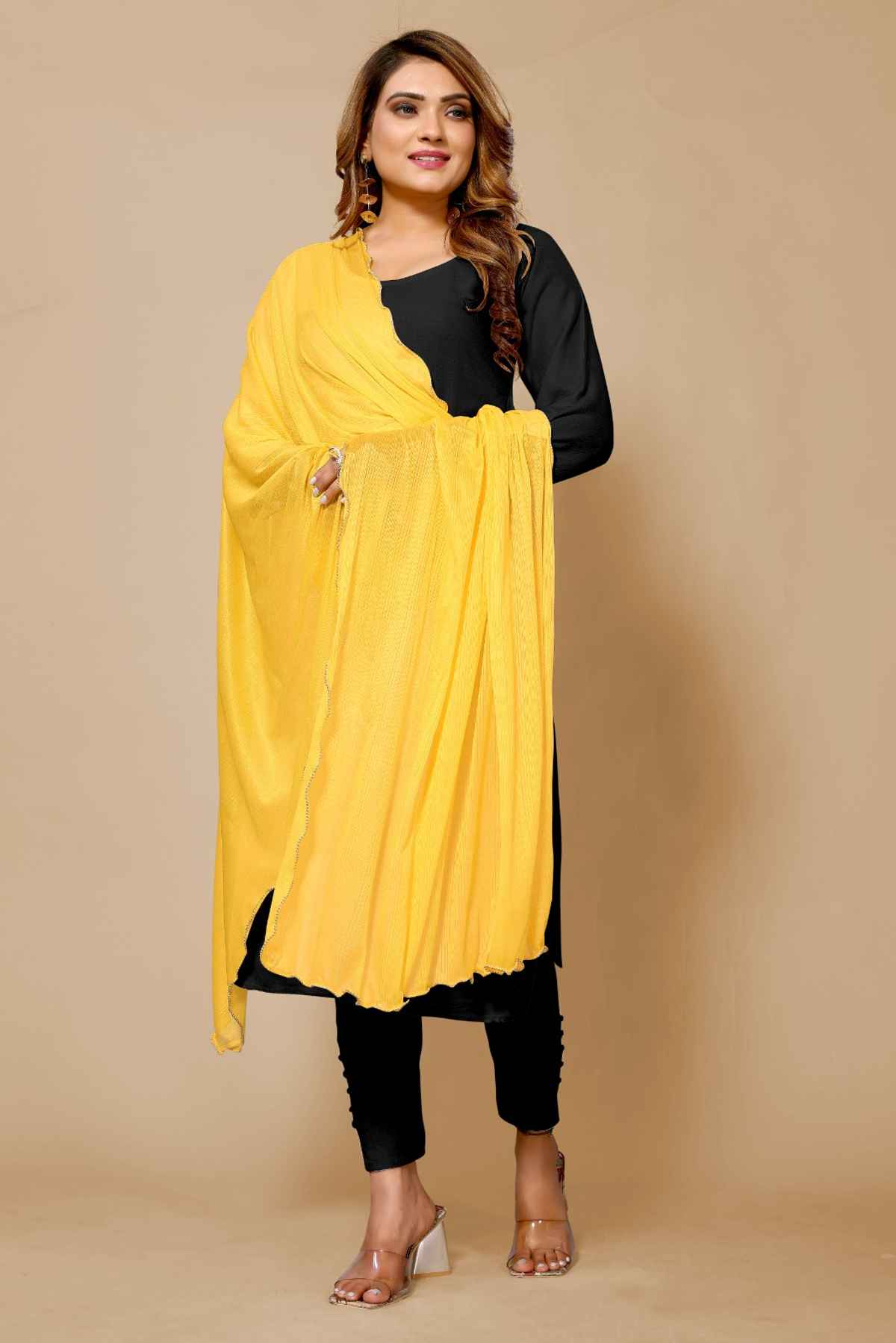 Fabflick Women's Elegant Lycra Solid Dupatta with Moti Embellished Border | Yellow