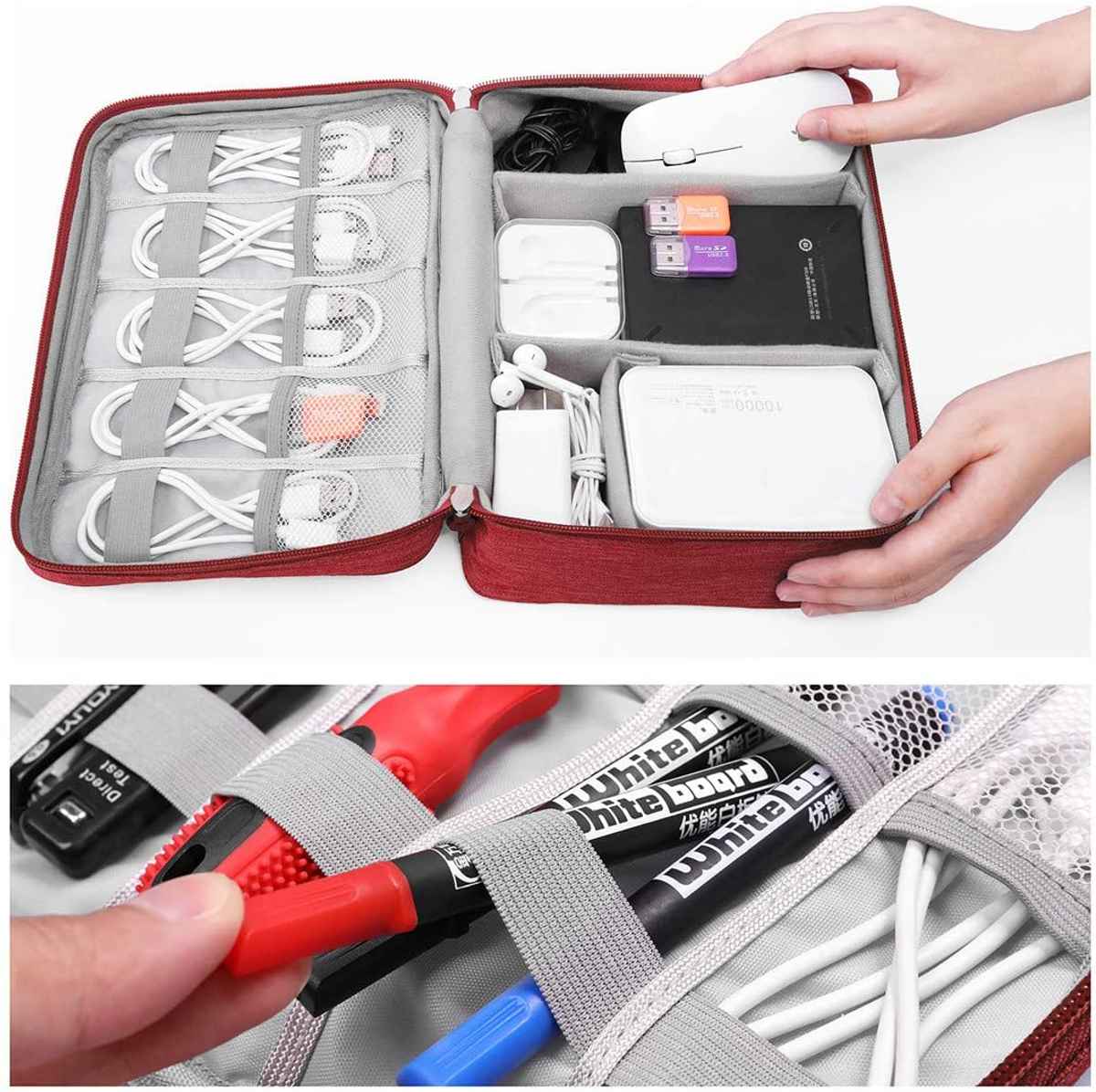 Awestuffs Gadget Organizer for Electronics Accessories, Cables, Phones | Red