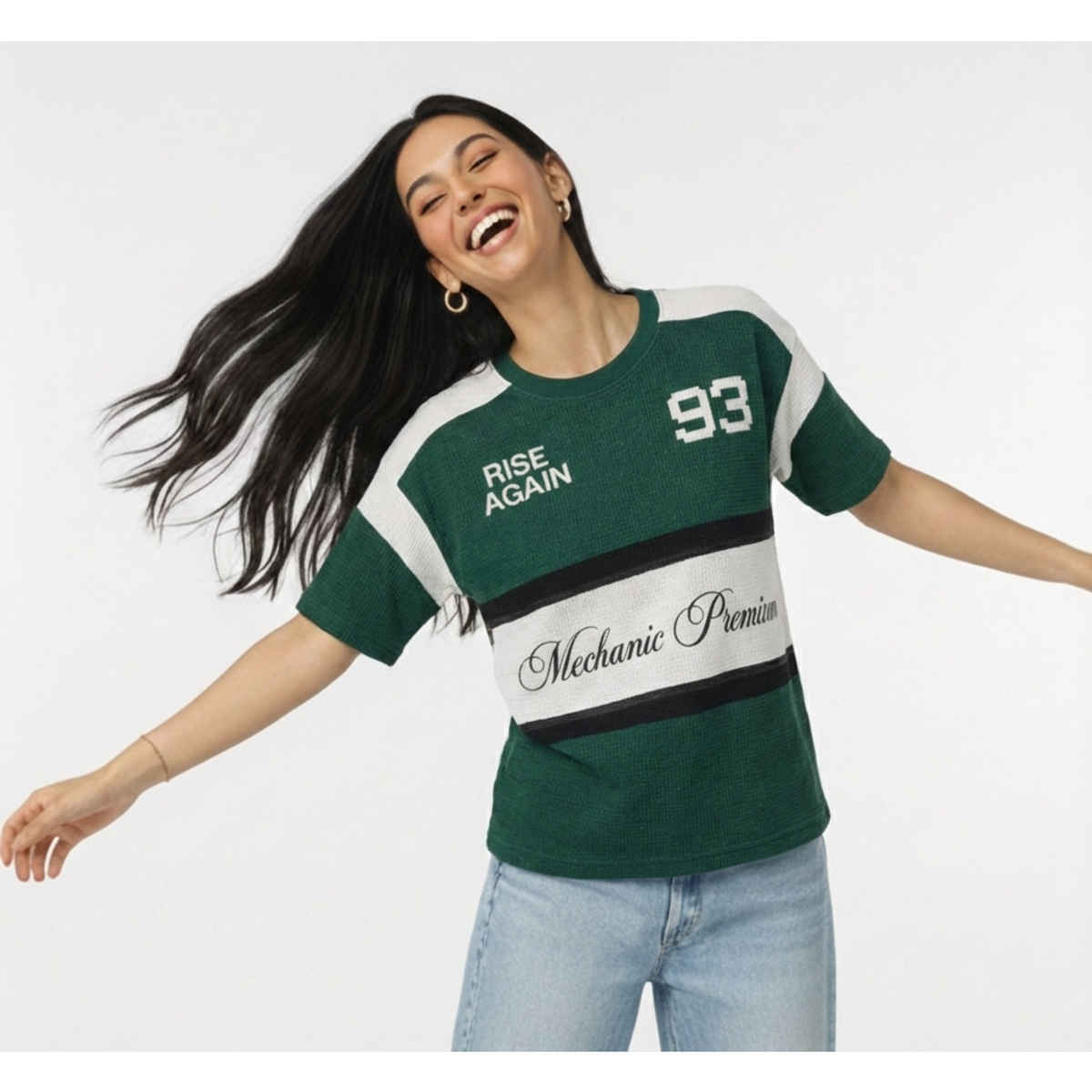 Try This Women's HF Sleeve Block Print Round Neck Tshirt | Green & White | L
