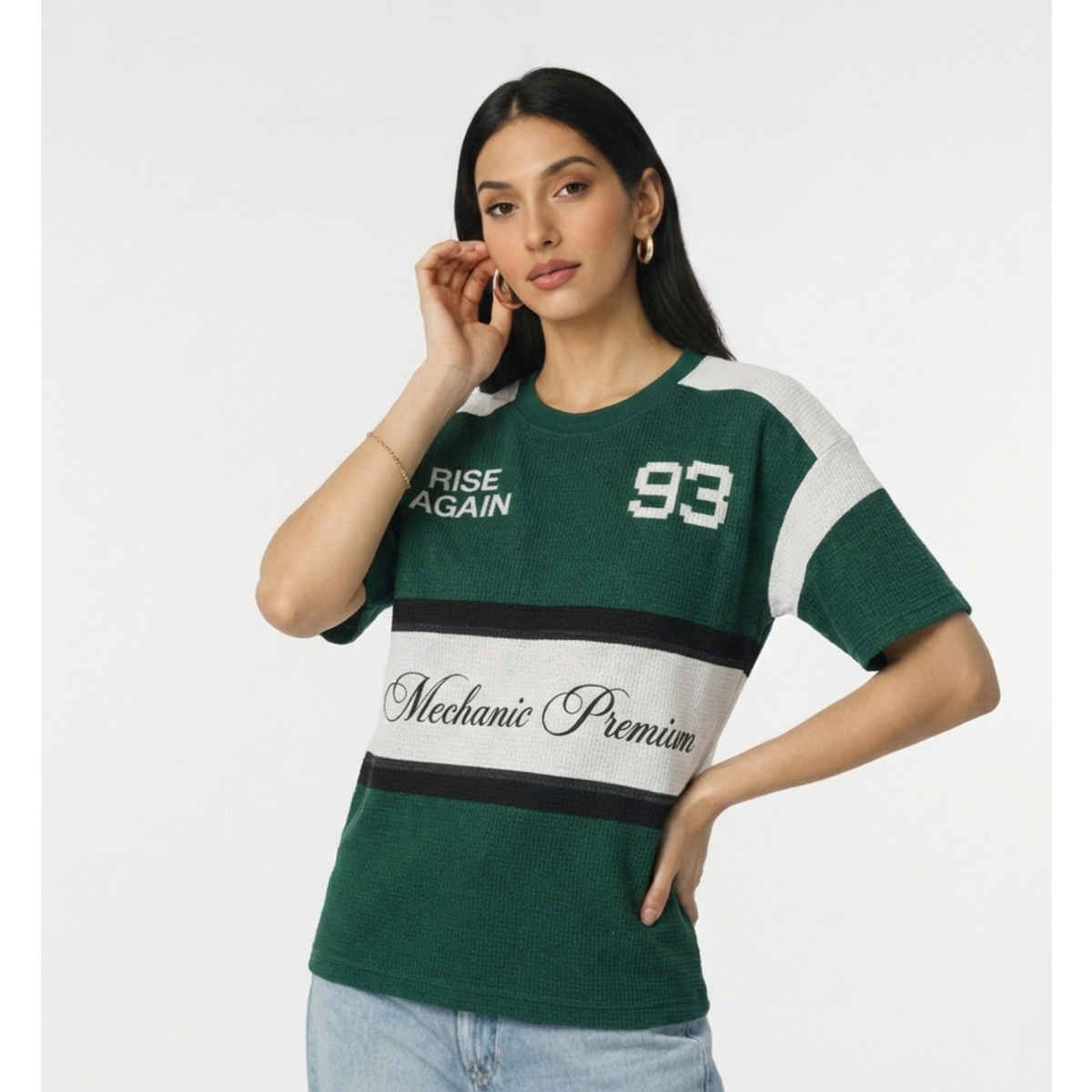 Try This Women's HF Sleeve Block Print Round Neck Tshirt | Green & White | L