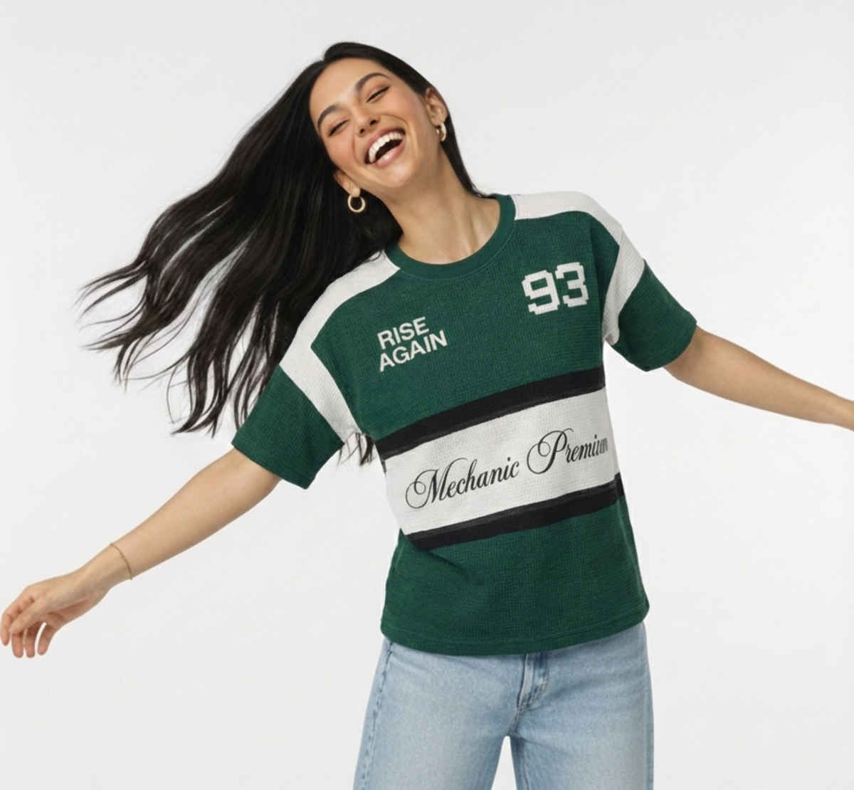 Try This Women's HF Sleeve Block Print Round Neck Tshirt | Green & White | M