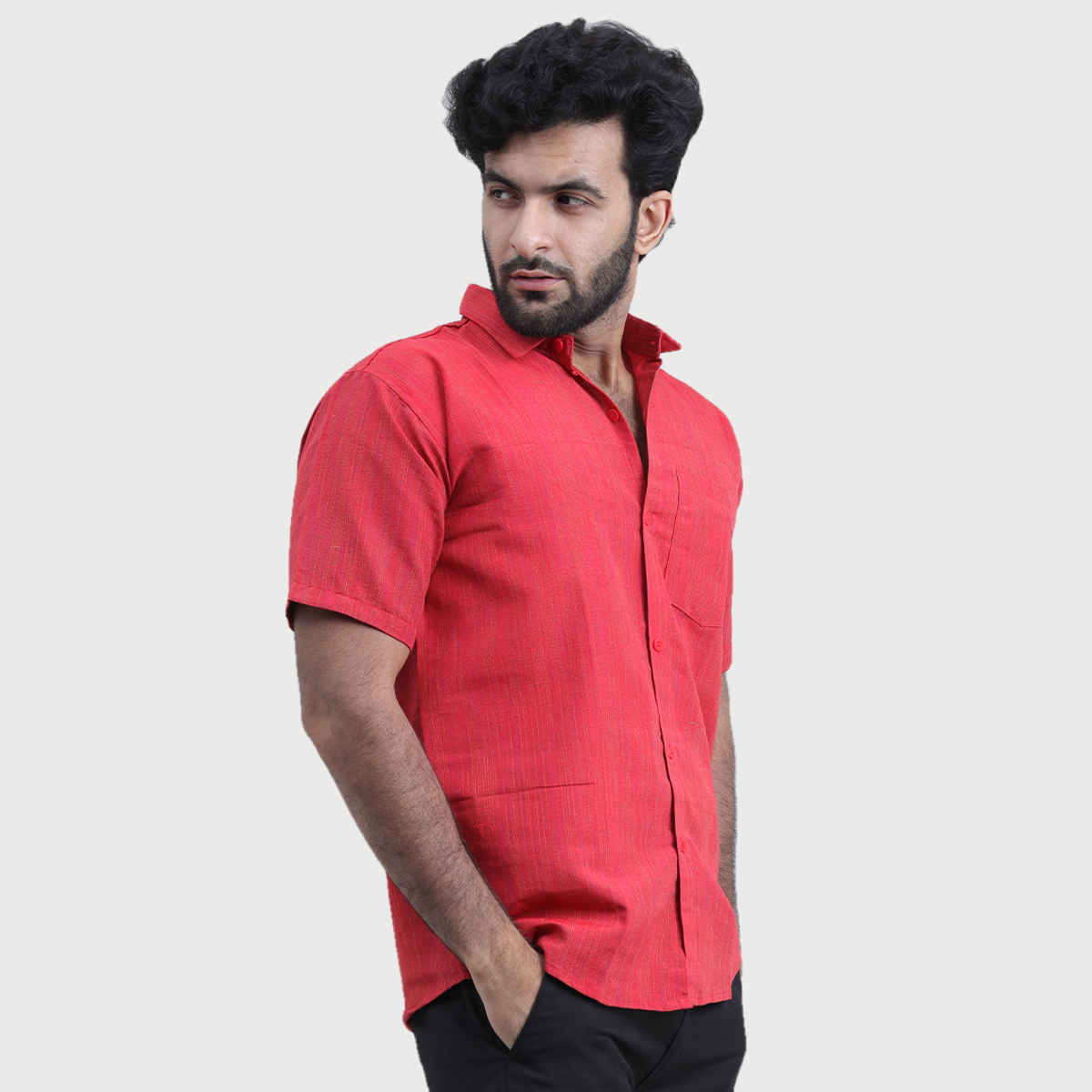 Mad Over Print Men's Handloom Textured Khadi Shirt | Red - M
