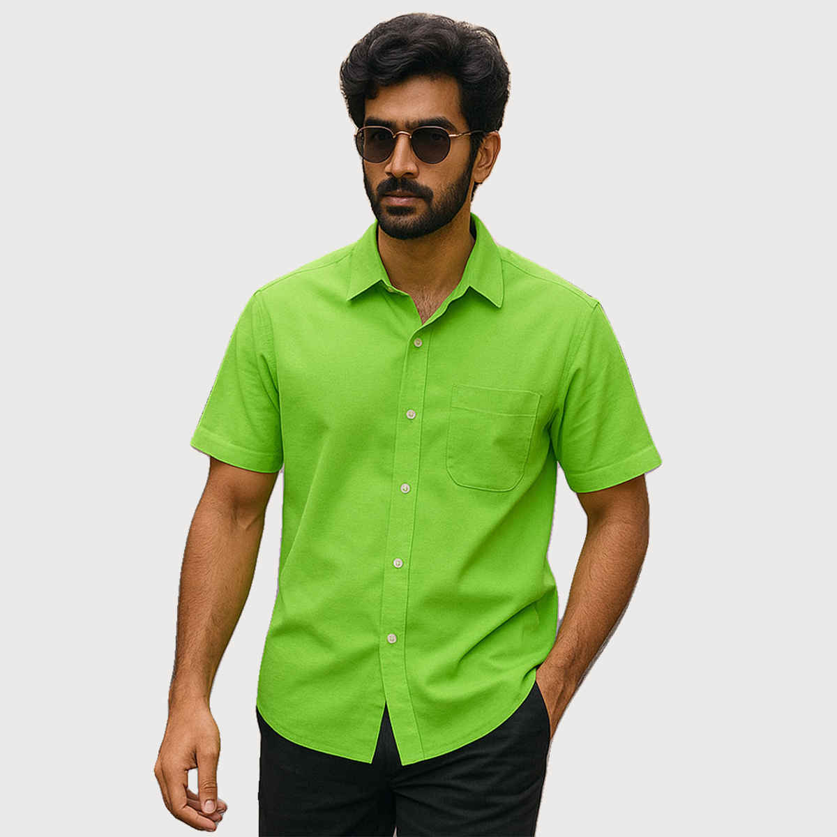 Mad Over Print Men's Classic Handloom Khadi Parrot Green Shirt - L