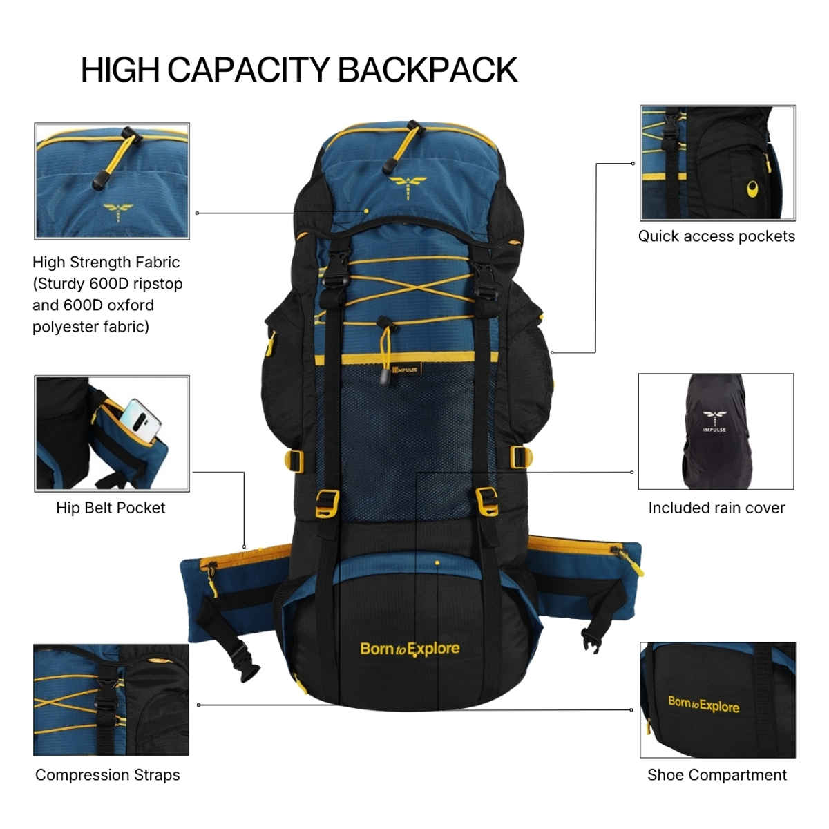 Impulse Banyan Trekking Rucksack with Rain Cover | Blue - 75 L