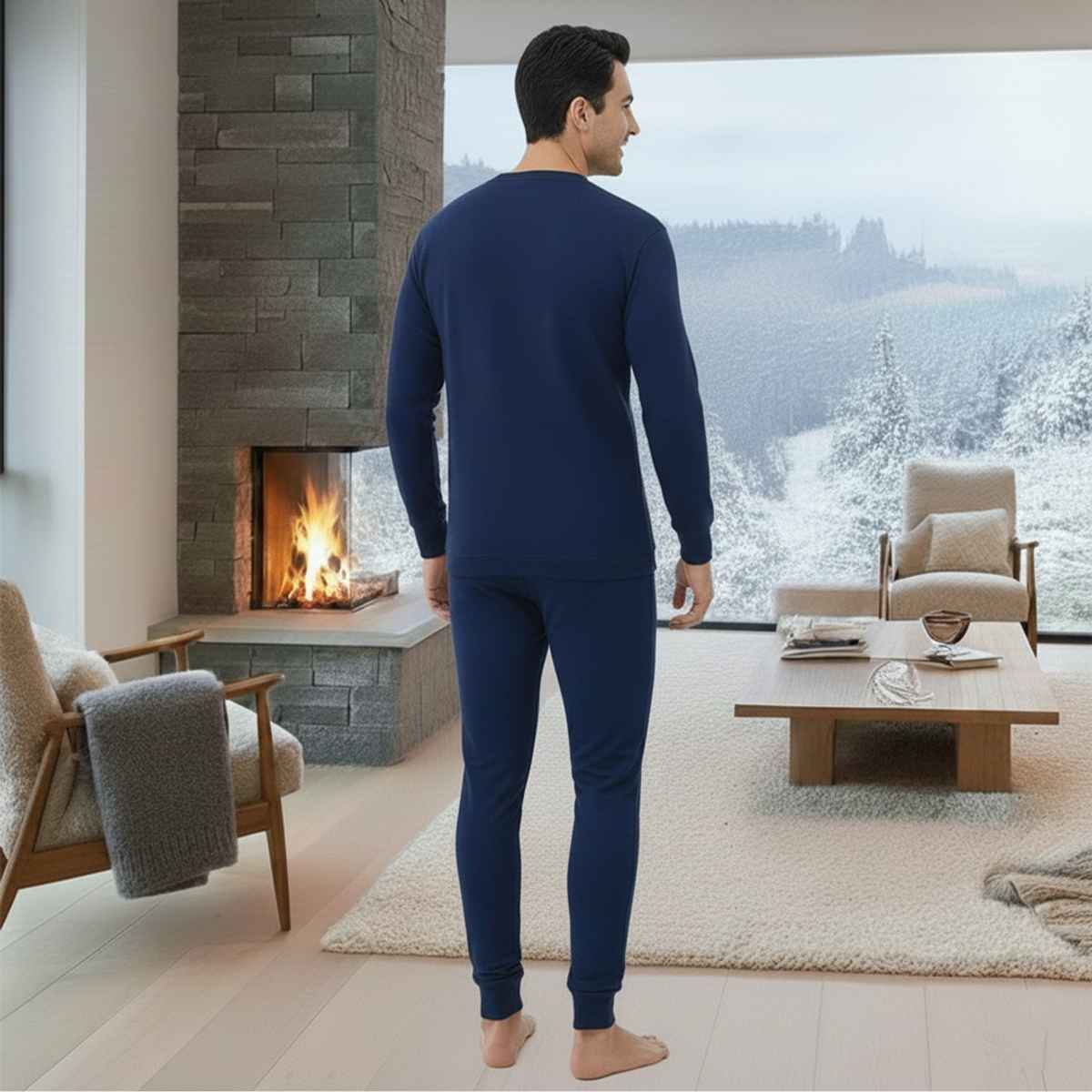 Lux Cottswool Men's Full Sleves Round Neck Thermal Top And Bottom Set | Blue | 95Cm