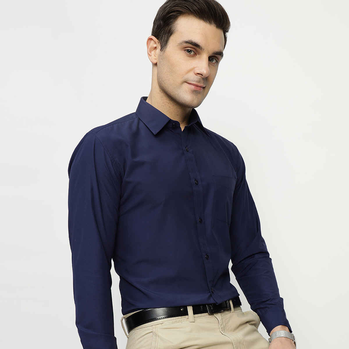 English Navy Men's Polyester Solid Slim Fit Button Closure Formal Shirt | Navy Blue - M