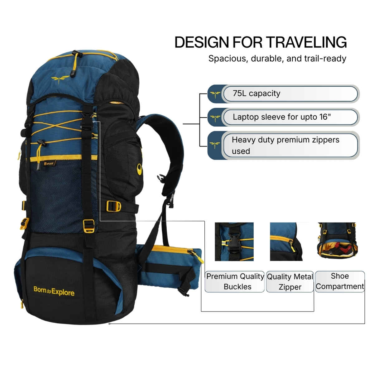 Impulse Banyan Trekking Rucksack with Rain Cover | Blue - 75 L