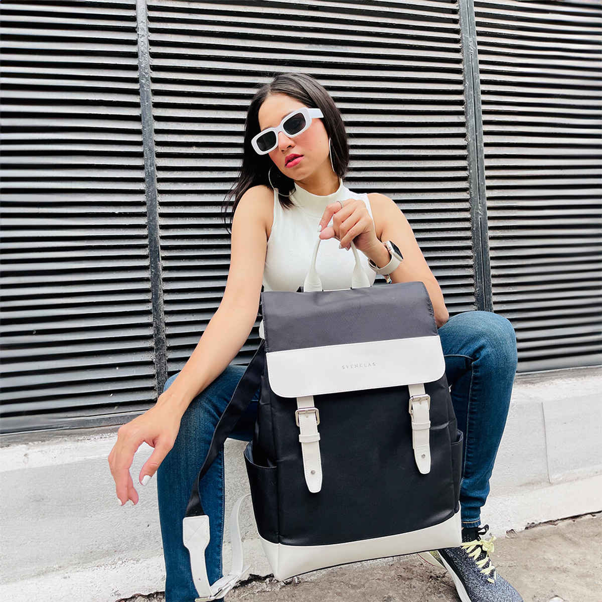 Svenklas Unisex Solid Vegan Leather and Polyester 22 L Backpack | Black and White