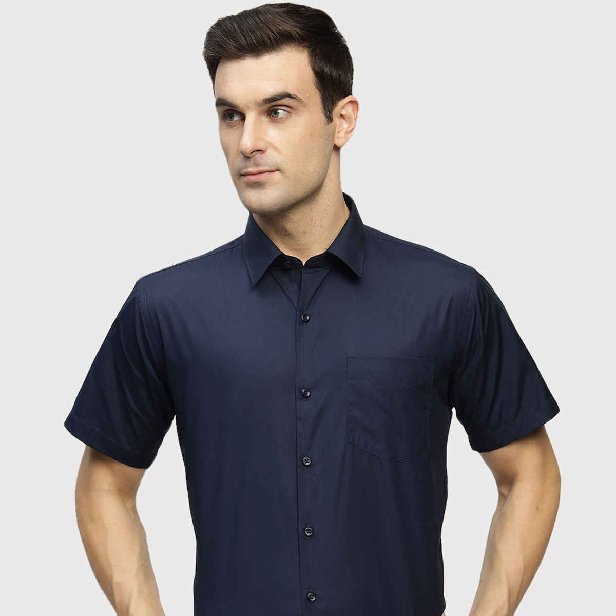 Hancock Men Pure Cotton Solid Formal Shirt | Slim Fit | Spread Collar | Navy Blue | M