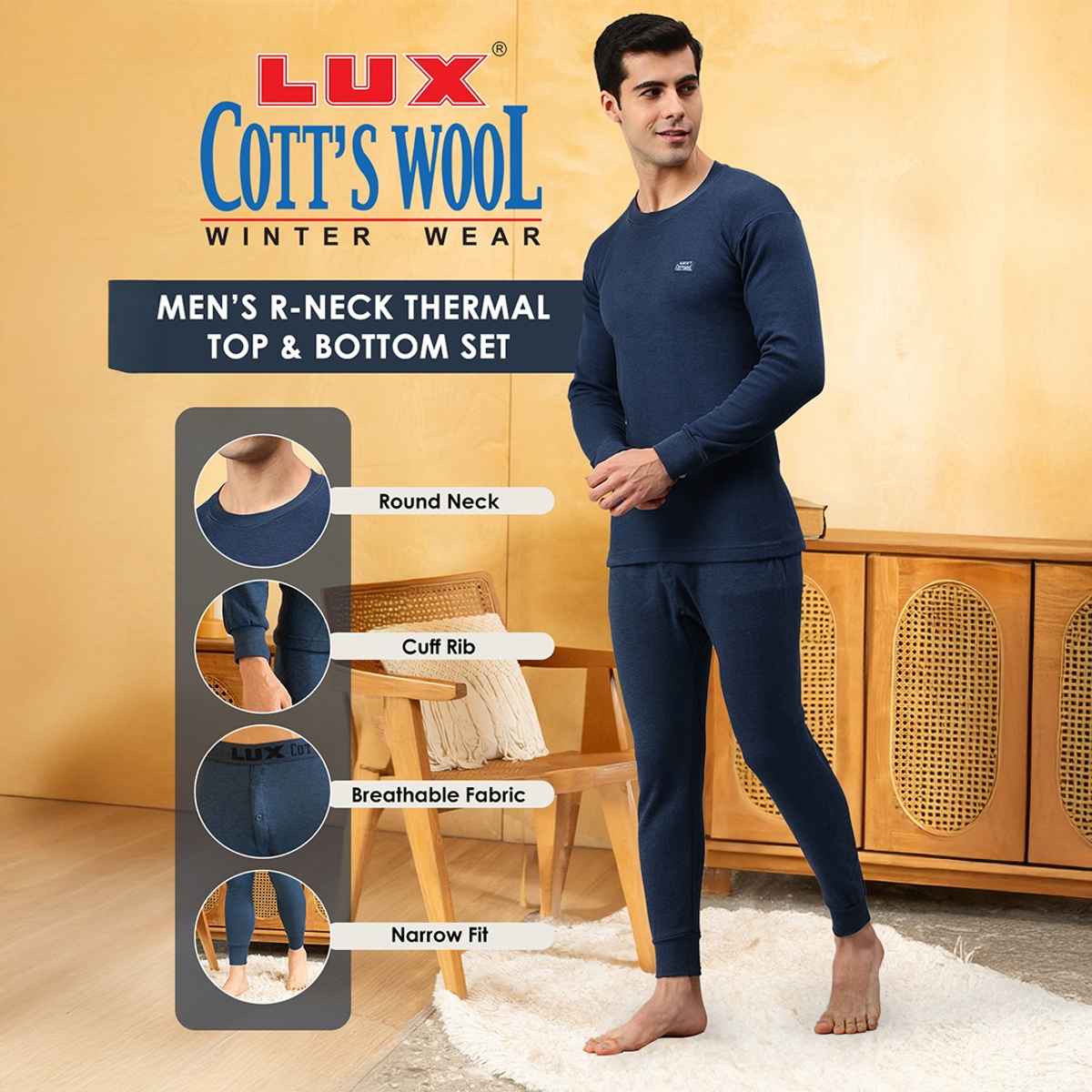 Lux Cottswool Men's Full Sleves Round Neck Thermal Top And Bottom Set | Blue | 95Cm