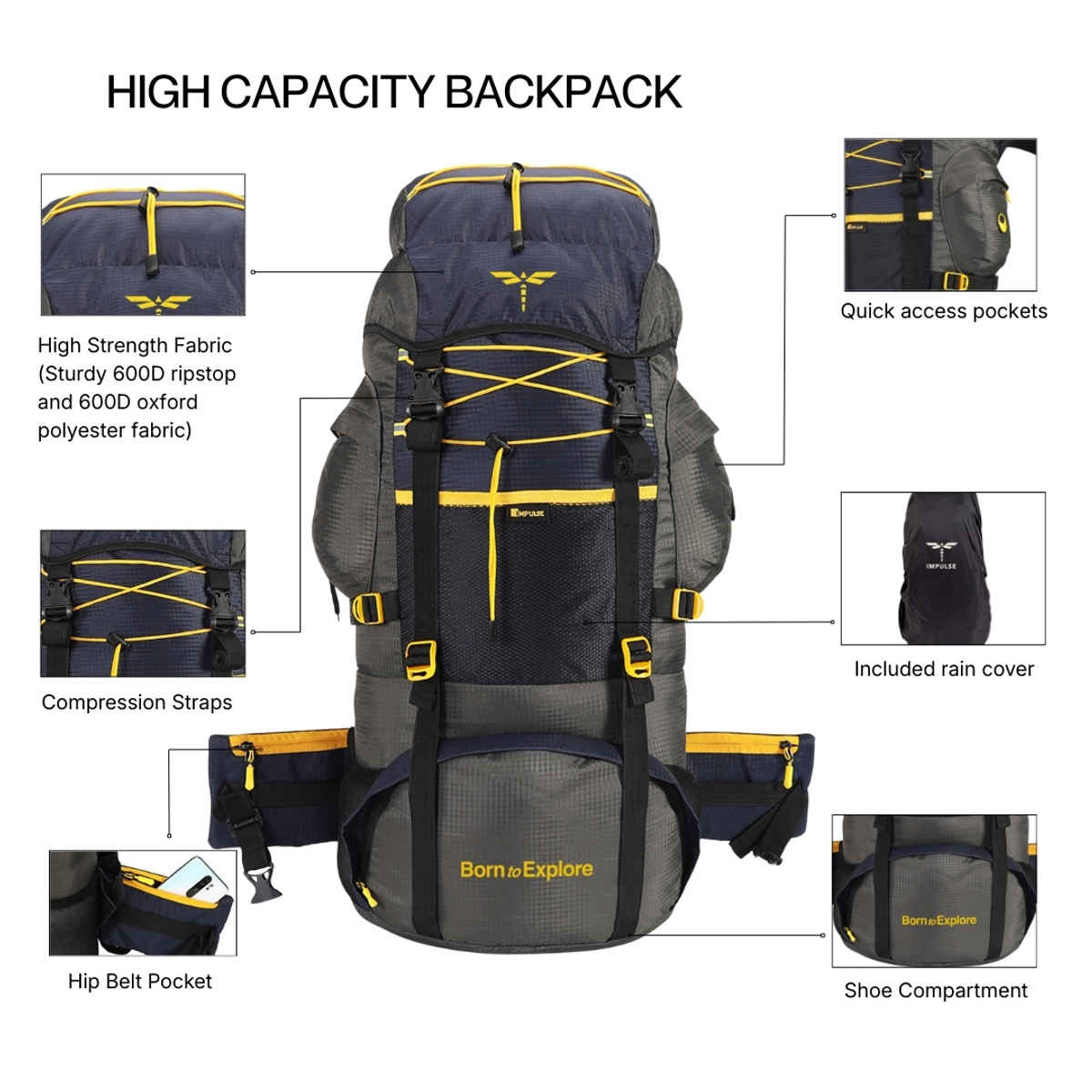 Impulse Banyan Trekking Rucksack with Rain Cover | Grey - 75 L