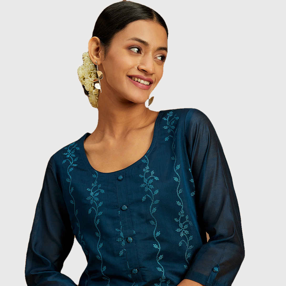 Libas Women Teal Blue Chanderi Silk Thread Work Straight Kurta - 58007M