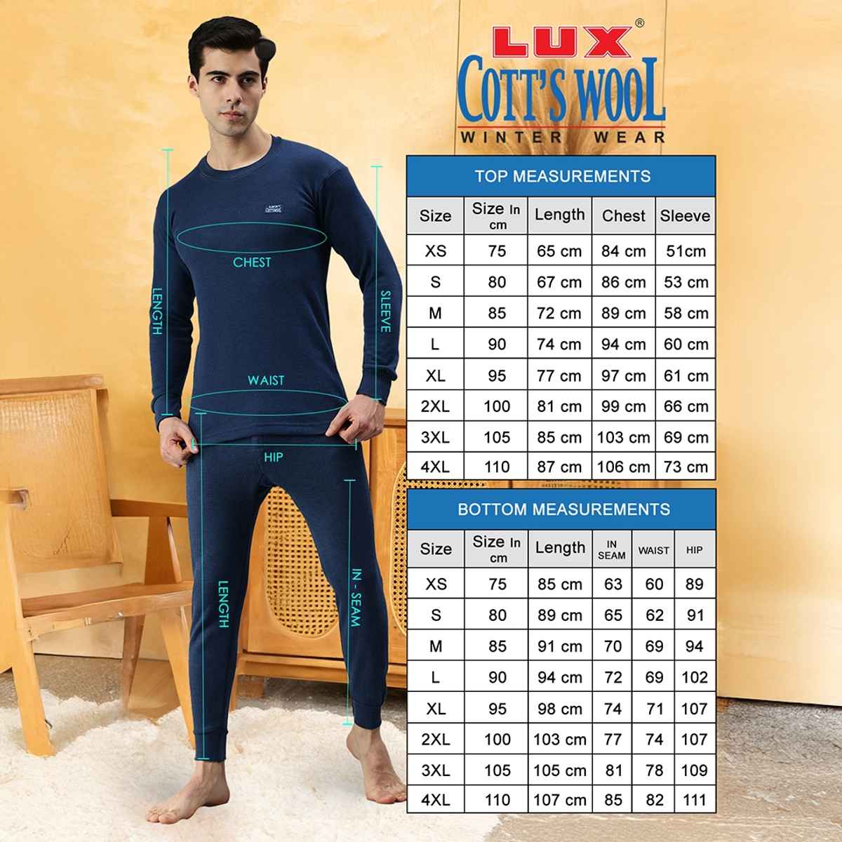 Lux Cottswool Men's Full Sleves Round Neck Thermal Top And Bottom Set | Blue| 90 cm
