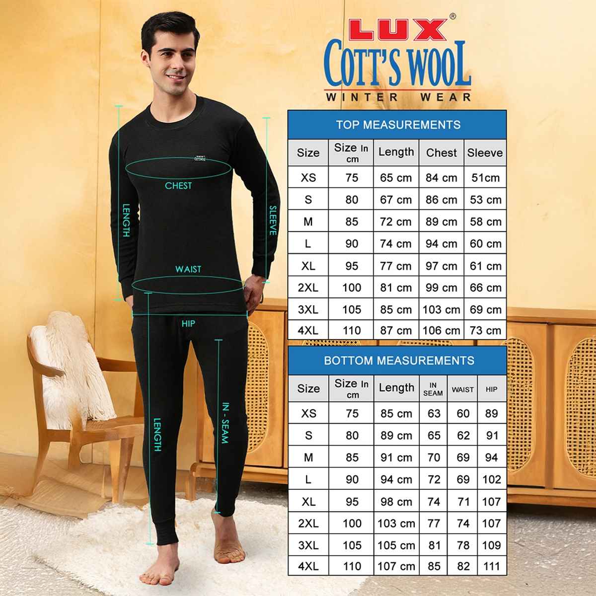 Lux Cottswool Men's Full Sleeves Round Neck Thermal Top And Bottom Set| Black | 85cm