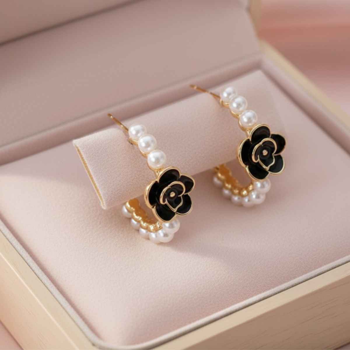 Beautynx Black Rose Pearl Hoop Earrings | BNX-EAR-0055 - Gold