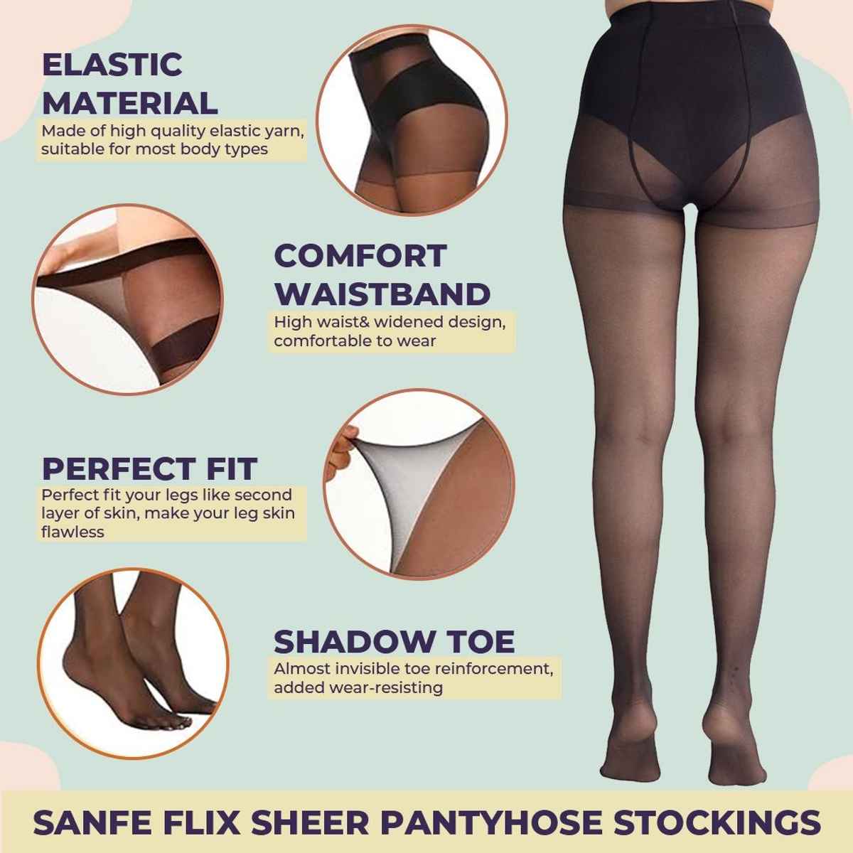 Sanfe Flix Sheer Pantyhose Stockings (Black) - Size 28 To 38 Inches