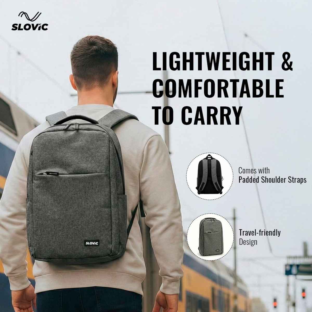 Slovic 16" Polyester Laptop Backpack with Multi Compartments (Grey) | Comfortable & Lightweight