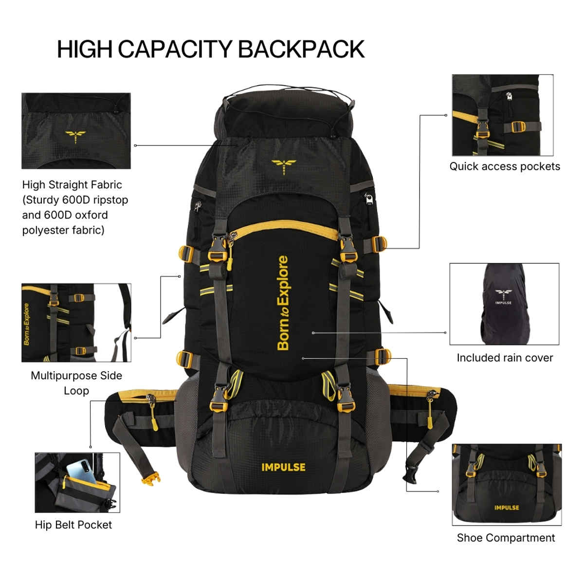 Impulse Cedar 60 Trekking Rucksack with Rain Cover | Black - 60 L