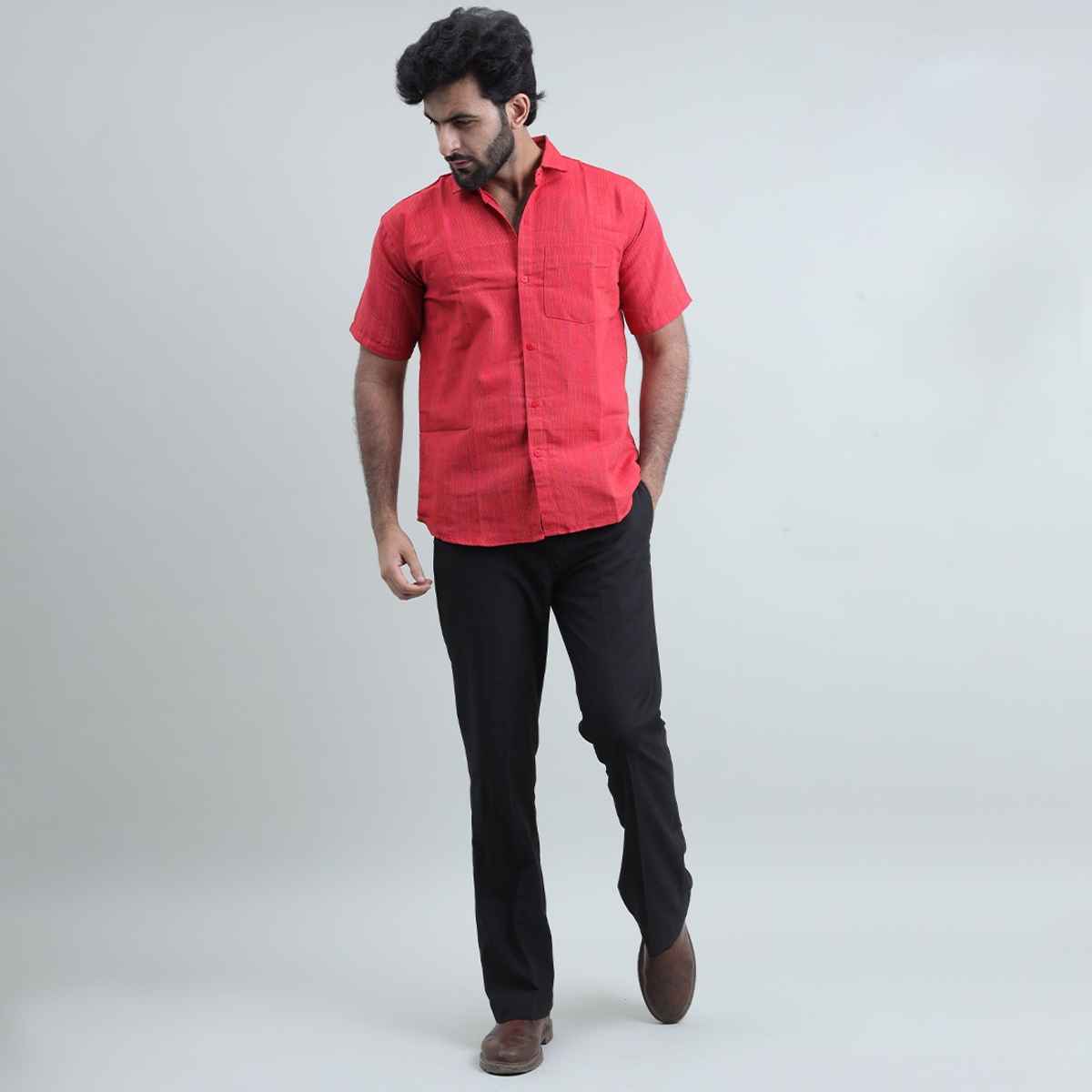 Mad Over Print Men's Handloom Textured Khadi Shirt | Red - XXL