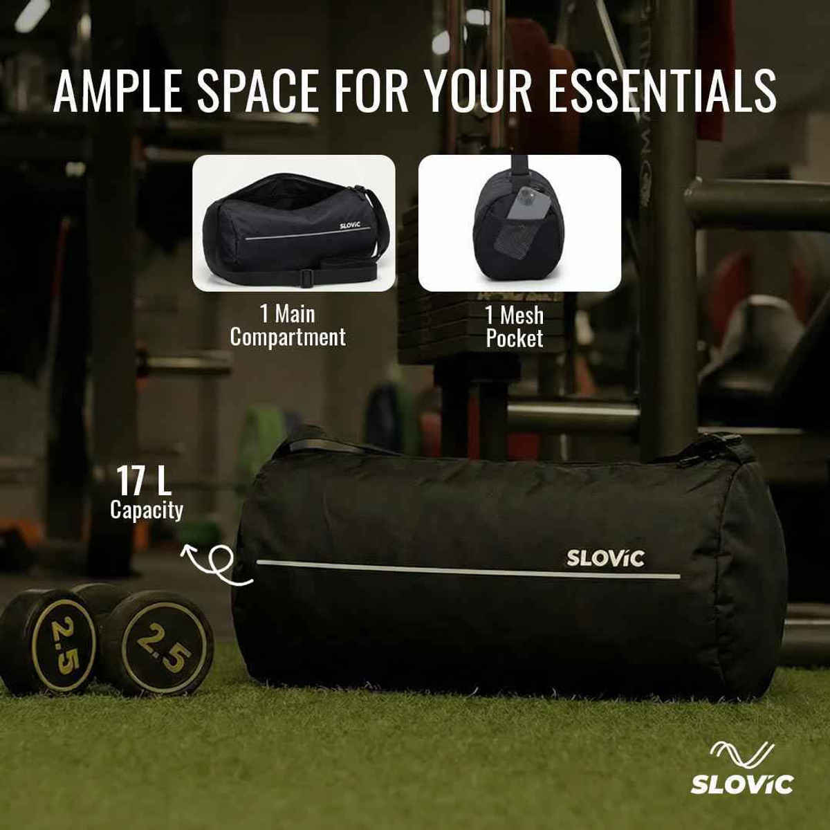 Slovic 17L Polyester Gym Bag with 1 Large Compartment, 1 Mesh Pocket & Adjustable Straps |Black