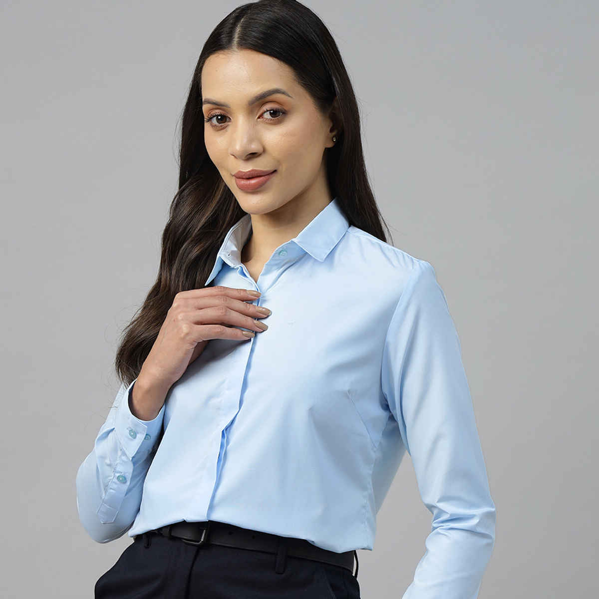 English Navy Women's Solid Regular Fit Polyester Formal Shirt | Sky Blue - L