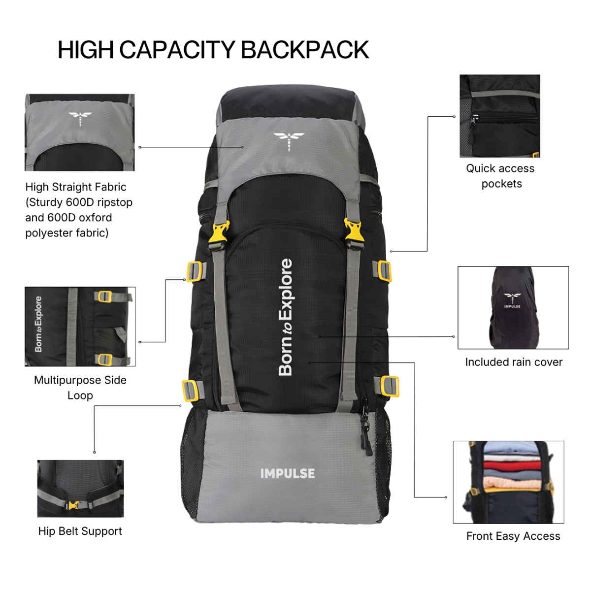 Impulse Keep Discovering Trekking Rucksack | Light Black - 60 L