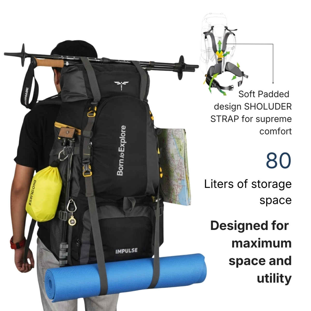 Impulse Curve Waterproof Trekking Backpack with Rain Cover | Black - 80 L