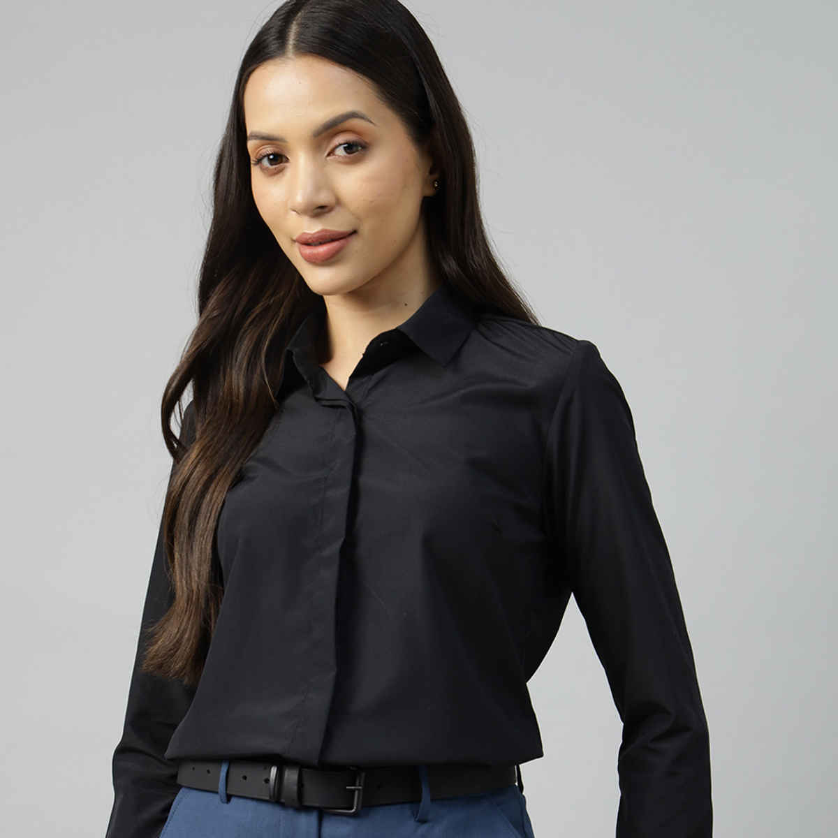 English Navy Women's Solid Regular Fit Polyester Formal Shirt | Black - S