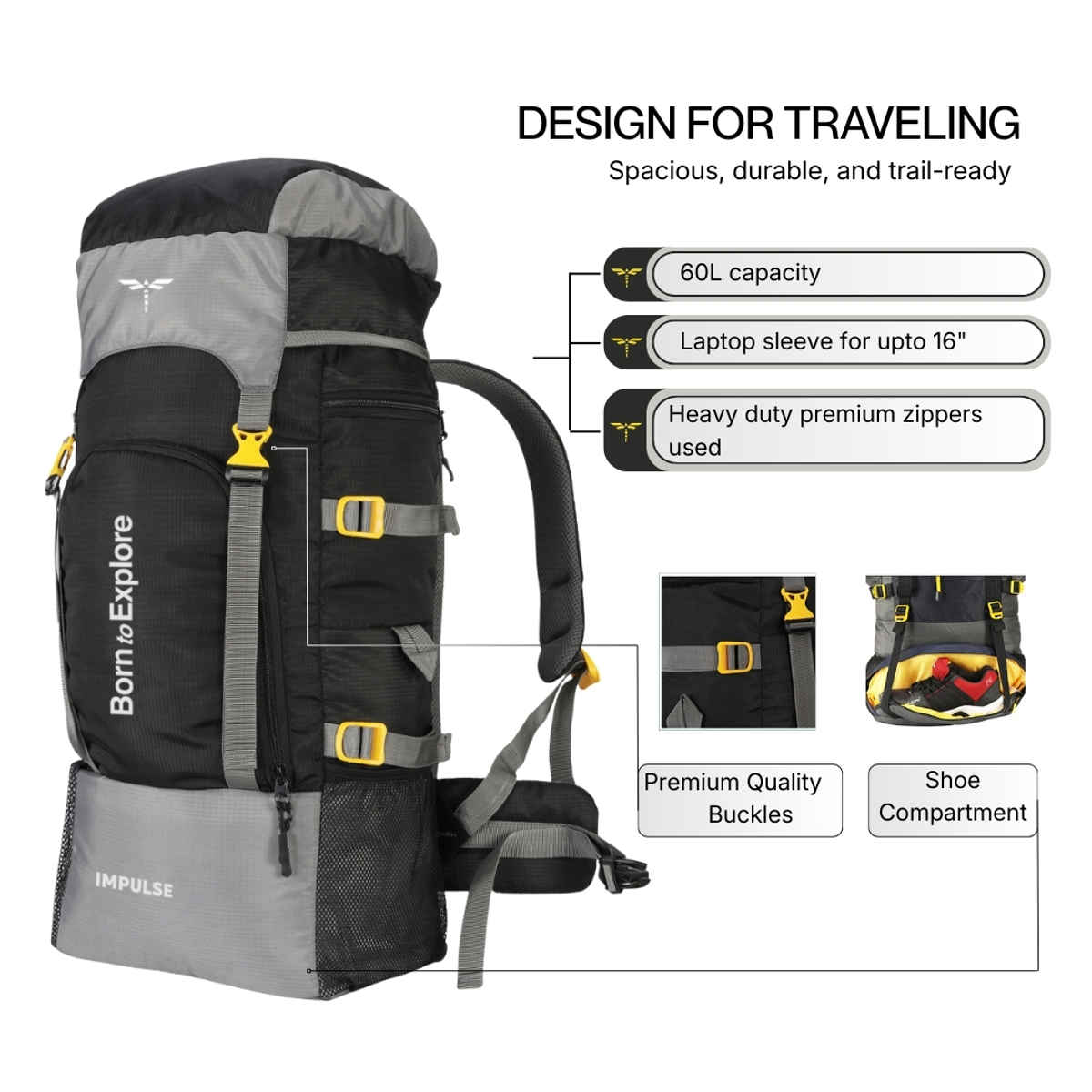 Impulse Keep Discovering Trekking Rucksack | Light Black - 60 L