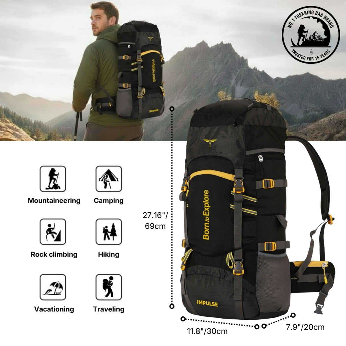 Impulse Cedar 60 Trekking Rucksack with Rain Cover | Black - 60 L
