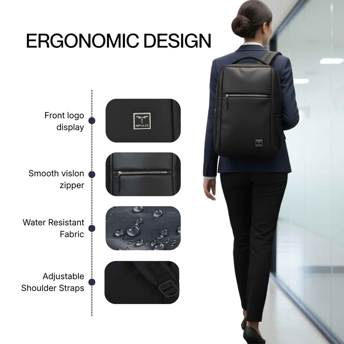 Impulse Empower Premium Black Slim Laptop Backpack 16 Inch with USB Charging Bag Unisex ( 25 Ltrs)
