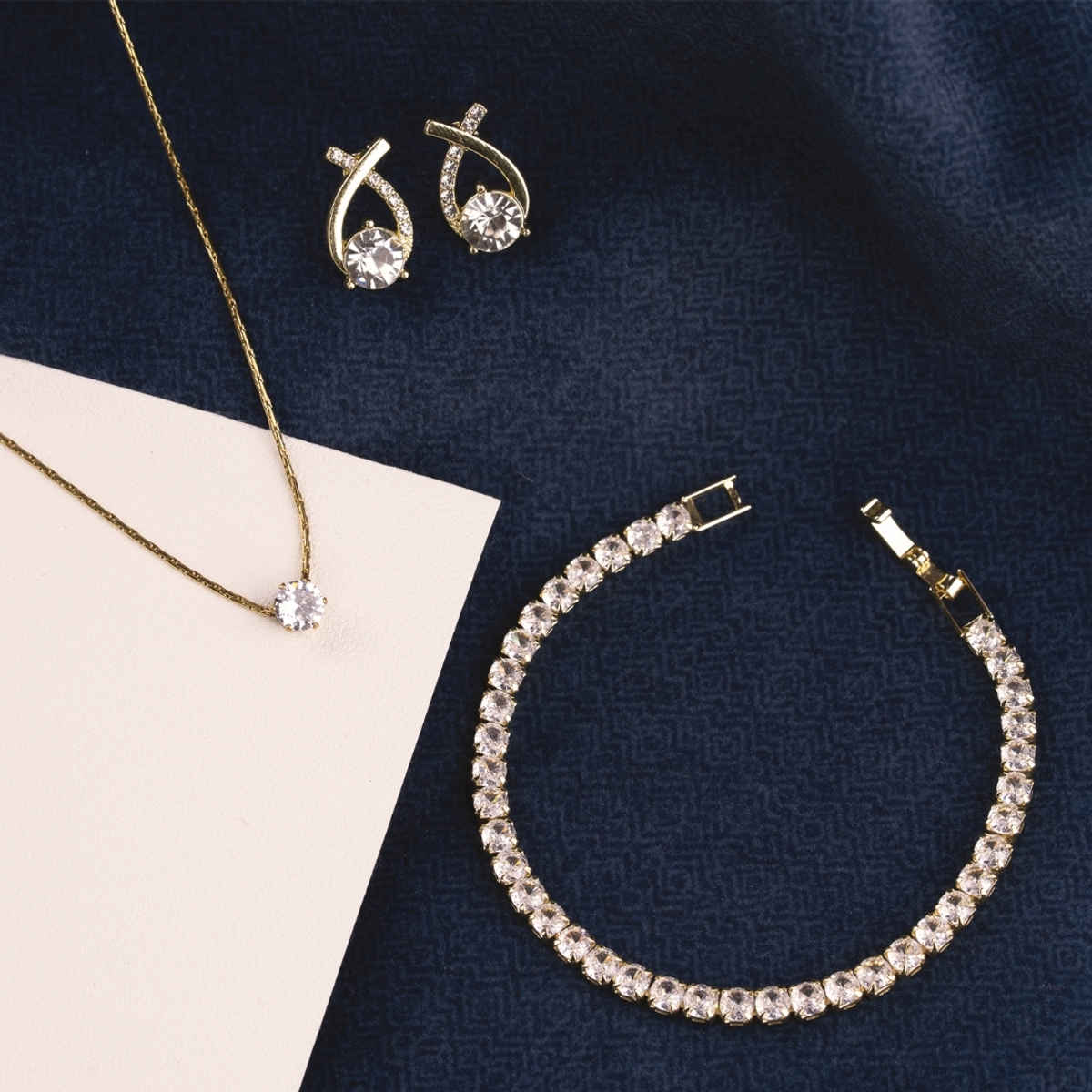 BeautyNX Gold-Plated Zircon Pendant, Stud Earrings & Tennis Bracelet Combo Set