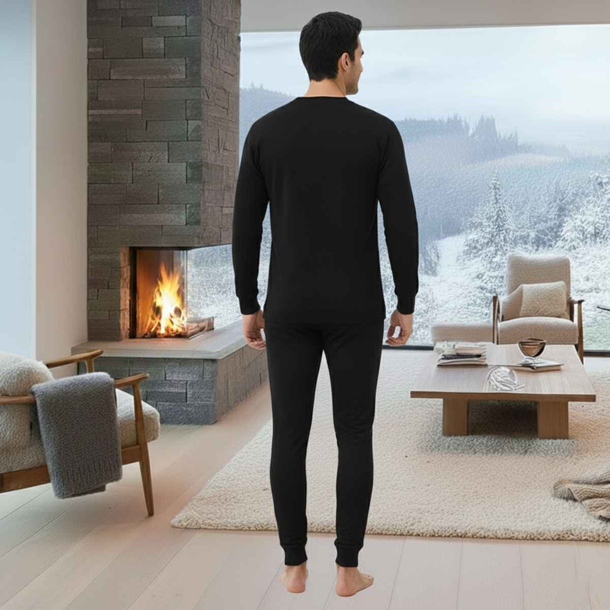 Lux Cottswool Men's Full Sleeves Round Neck Thermal Top And Bottom Set| Black | 85cm