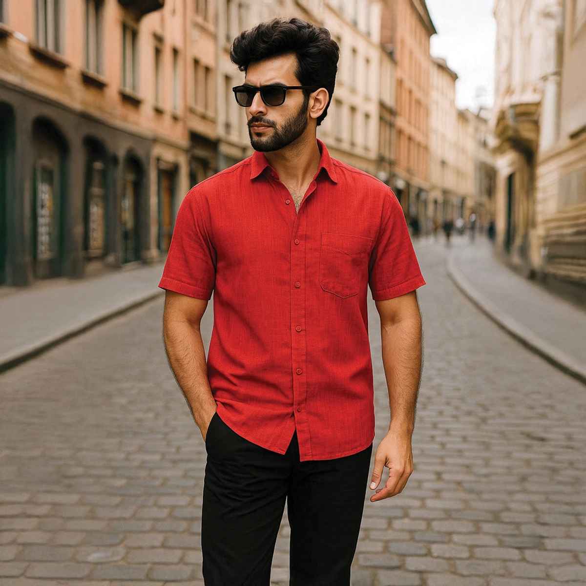 Mad Over Print Men's Handloom Textured Khadi Shirt | Red - XXL