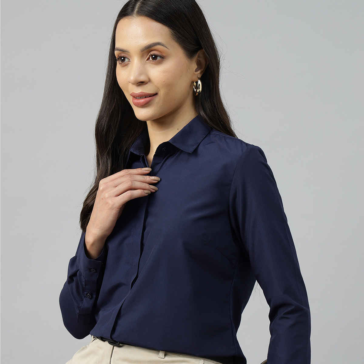 English Navy Women's Solid Regular Fit Polyester Formal Shirt | Navy Blue - M