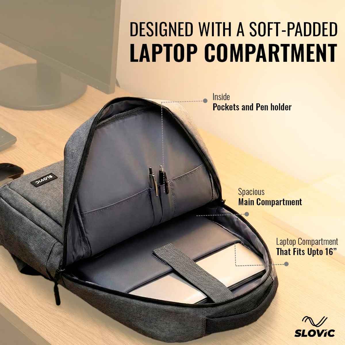 Slovic 16" Polyester Laptop Backpack with Multi Compartments (Grey) | Comfortable & Lightweight