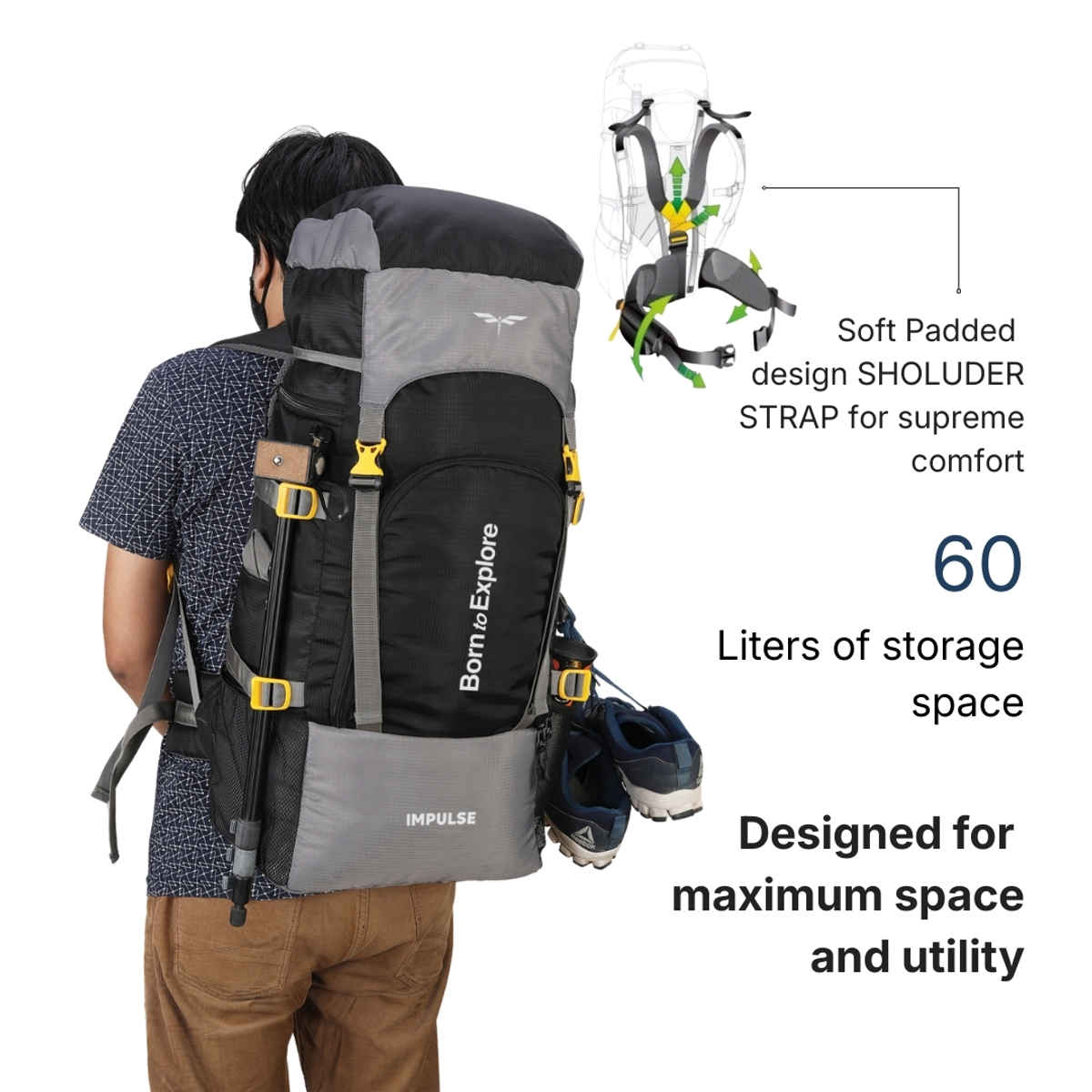 Impulse Keep Discovering Trekking Rucksack | Light Black - 60 L