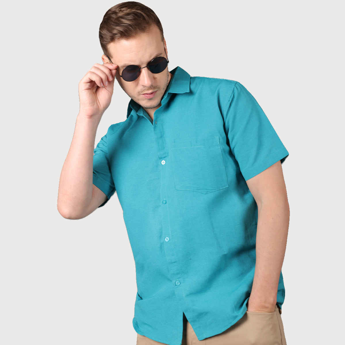 Mad Over Print Men's Teal Breeze Handloom Heritage Khadi Shirt - S