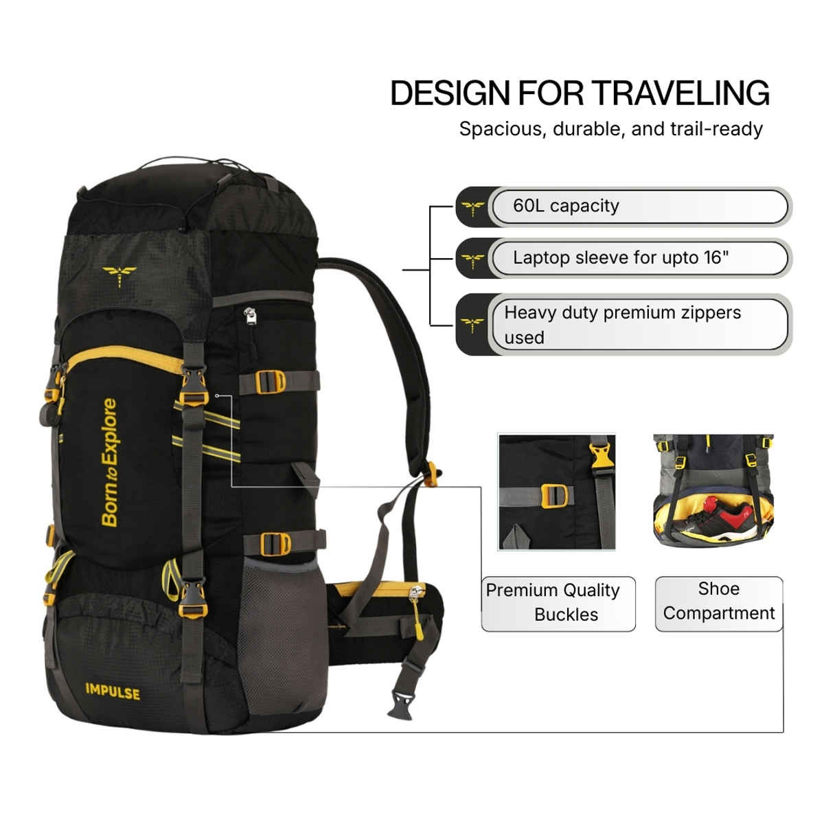 Impulse Cedar 60 Trekking Rucksack with Rain Cover | Black - 60 L