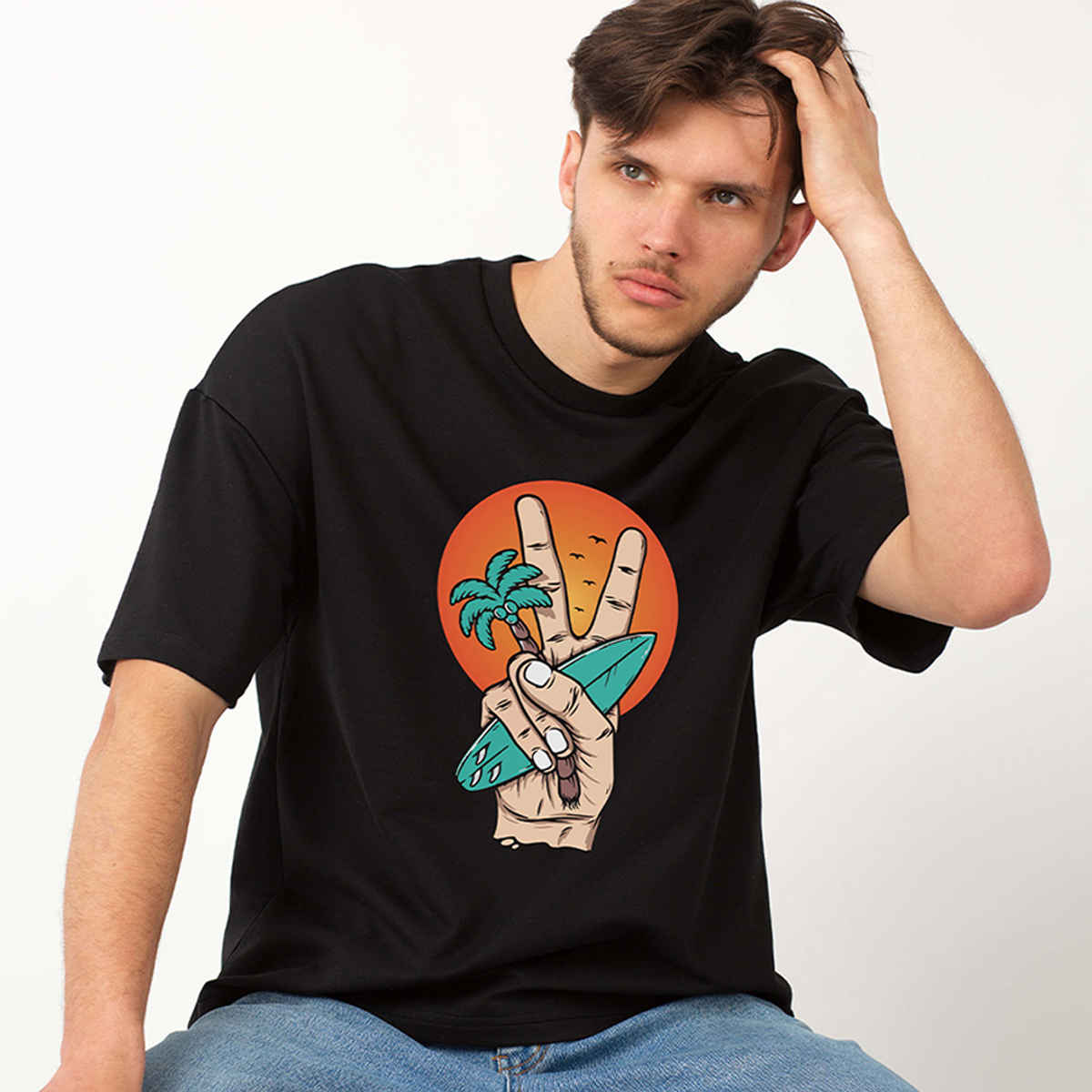 Mad Over Print Men's Beach peace Oversized T-shirt | Black - M