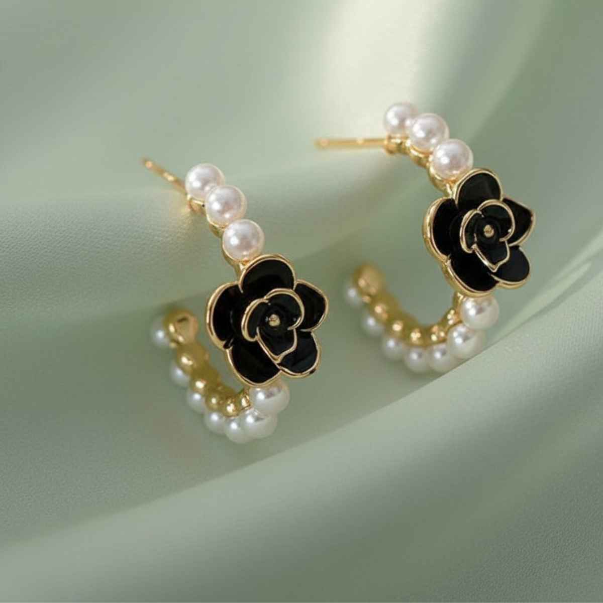 Beautynx Black Rose Pearl Hoop Earrings | BNX-EAR-0055 - Gold