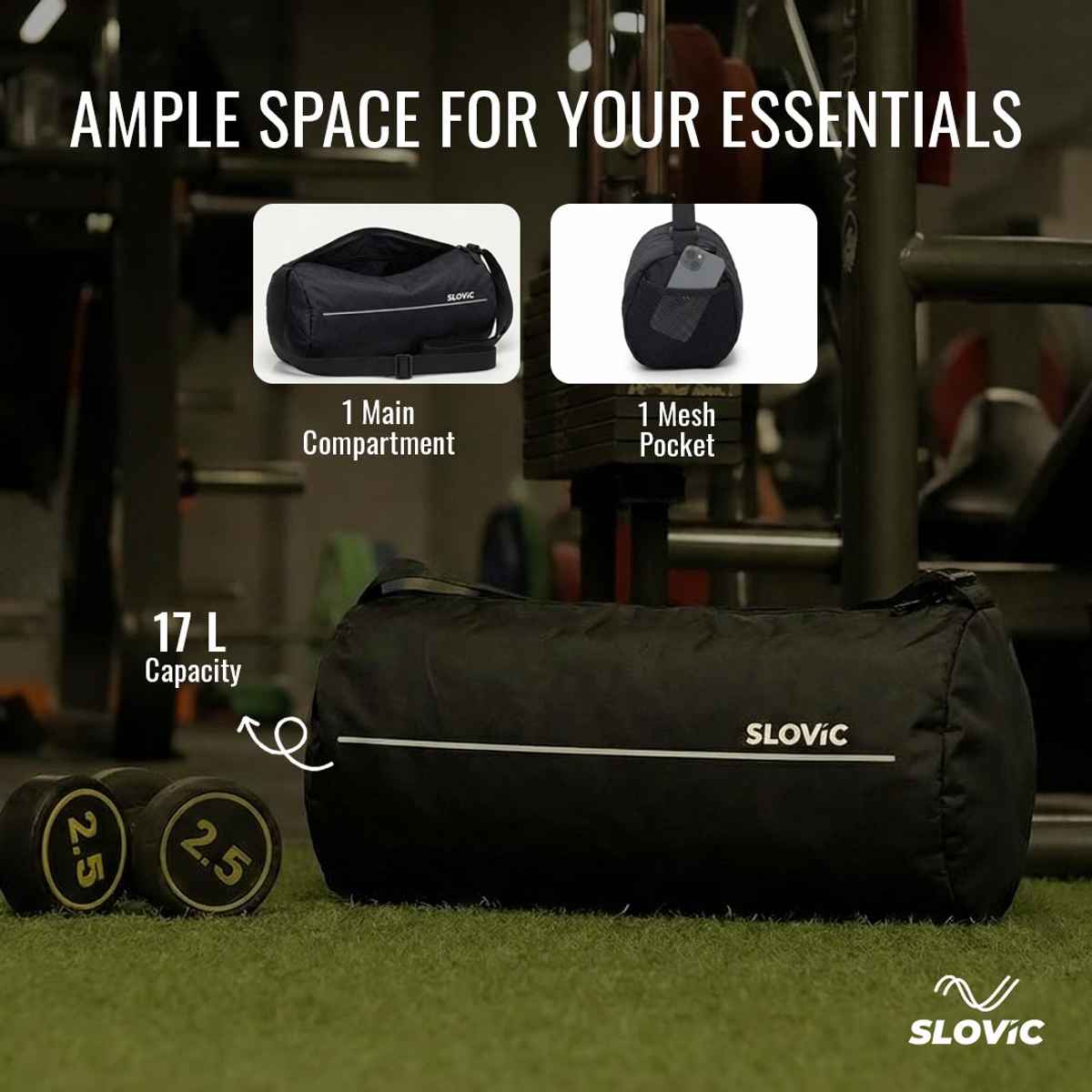 Slovic Sports and Travel Gym Bag Adjustable Straps Large Compartment Mesh Pocket | Black - 17 L