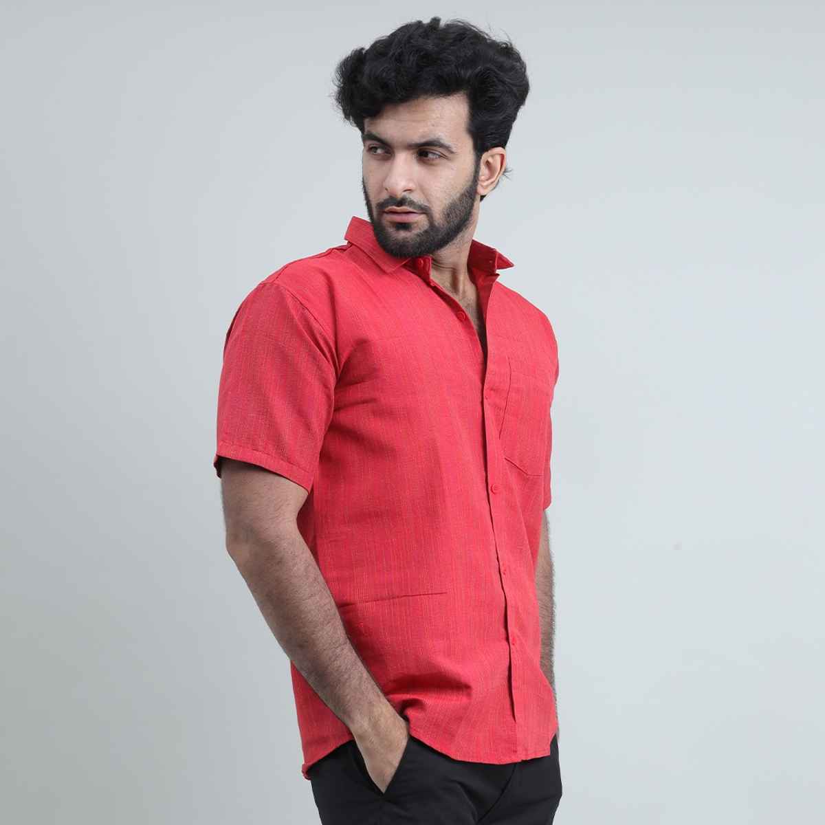 Mad Over Print Men's Handloom Textured Khadi Shirt | Red - XXL