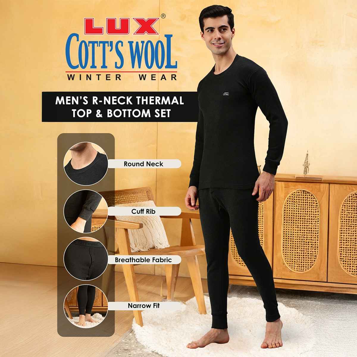 Lux Cottswool Men's Full Sleves Round Neck Thermal Top And Bottom Set | Black| 90 cm